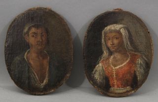 Pair Small Early Antique 17thc Portrait Oil Paintings,  Peasant Man & Woman Nr