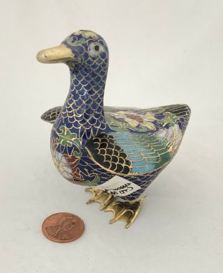 Vintage Cloisonne Enamel And Bronze Blue Flying Duck Figurine