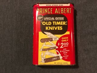 Vintage Prince Albert tobacco plug tin w/ old timer knife advertisement on back 2