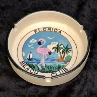 Vintage Mcm Florida Beach Club Ashtray Pink Flamingo Yacht Palm Trees Ceramic