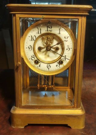 Antique Ansonia Brass Mantle Clock Pendulum/glass With Key Runs Case