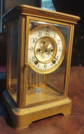 Antique Ansonia Brass Mantle Clock Pendulum/Glass With Key Runs case 2