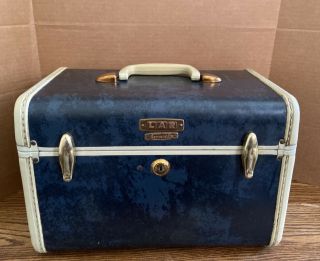 Vintage " Shwayder Samsonite " Marbled Blue Train Case Travel Makeup W/shelf