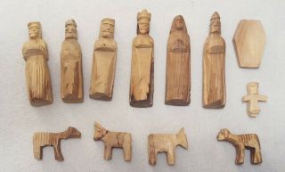 Vintage Set 11 Hand Made Carved Wood Nativity Scene Figures Wooden