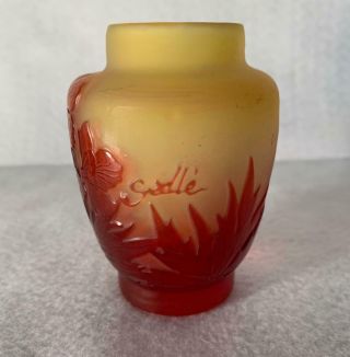 Antique Emile Galle French Cameo Art Glass Signed Old Vase Red Flowers