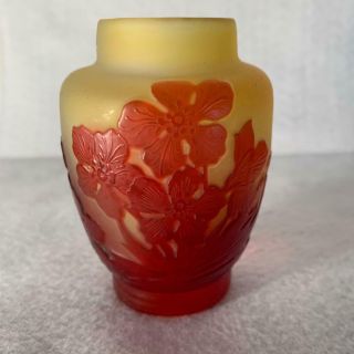 Antique Emile Galle French Cameo Art Glass Signed Old Vase Red Flowers 2