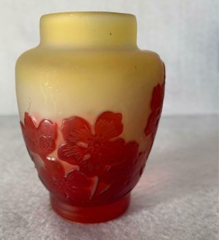 Antique Emile Galle French Cameo Art Glass Signed Old Vase Red Flowers 3