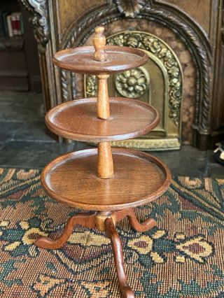 Vintage Miniature Dollhouse Artisan Signed 3 - Tier Carved Wood Serving Stand