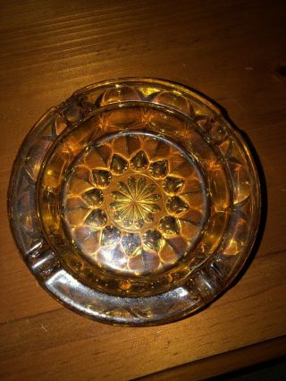 Mid Century Vintage Amber Gold Round Dimpled Glass Ashtray
