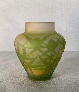 Antique Emile Galle French Cameo Art Glass Signed Vase Green Thistle 3