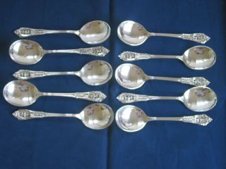Group Set Of Ten Wallace Rose Point Round Cream Soup Spoons 6 Inches