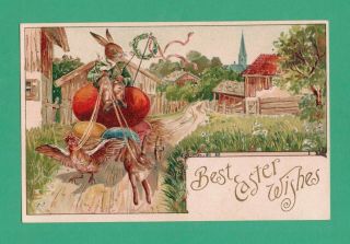 Vintage Easter Postcard Dressed Rabbit Drives Colored Egg - Cart Rooster Village