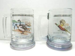 2 Vtg Pheasant Design Heavy Clear Glass Drinking Mugs Bird Watch Hunt Outdoors