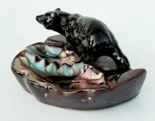 Vtg Mid Century Modern Drip Glaze Ceramic Ashtray W/ Black Grizzly Bear