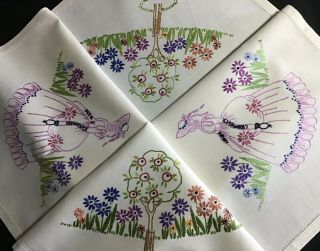 Vintage Hand Embroidered Tablecloth Crinoline Lady/garden Florals
