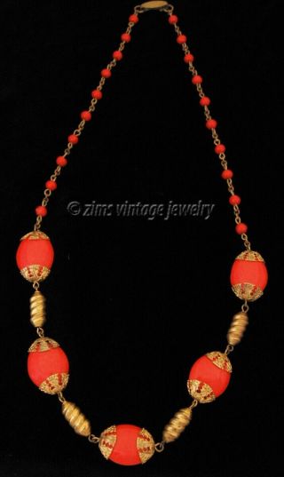 Vintage Art Deco Czech Brass Floral Filigree Bright Red Glass Bead Link Necklace