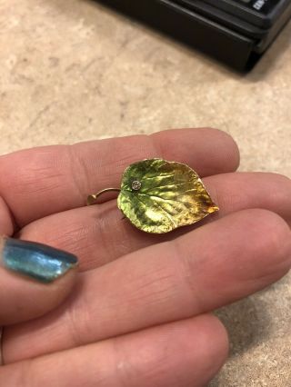 Antique Art Nouveau 14k Gold Leaf Diamond Enamel Petite Pin Brooch