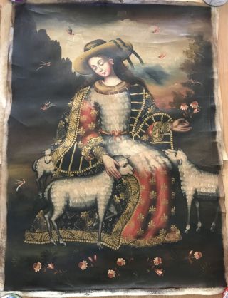 Antique Religious Oil Painting On Canvas Saint With Lambs Unsigned