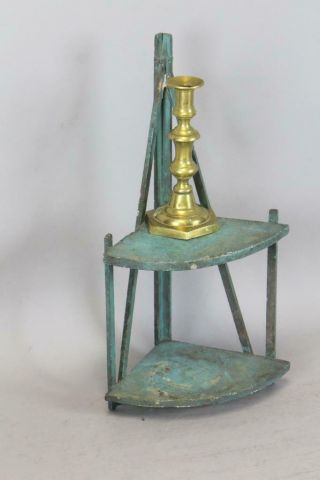 A Fine 19th C Corner Hanging Lighting Shelf Or Sconce In Grungy Teal Blue Paint