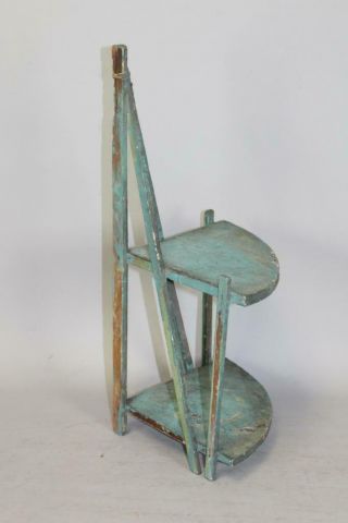 A FINE 19TH C CORNER HANGING LIGHTING SHELF OR SCONCE IN GRUNGY TEAL BLUE PAINT 2
