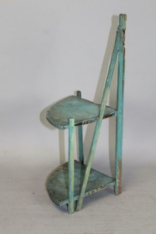 A FINE 19TH C CORNER HANGING LIGHTING SHELF OR SCONCE IN GRUNGY TEAL BLUE PAINT 3