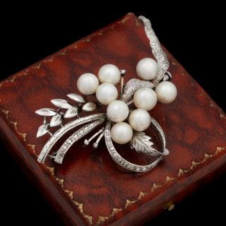 Antique Vintage Art Deco 14k White Gold Chinese South Sea Pearl Spray Pin Brooch