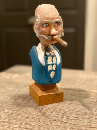 Hand Carved Wood Cigar Smoking Figure Statue 8 3/4 " H