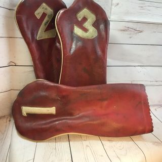 Vintage Red Leather Golf Club Covers 1 2 & 3 Very Old Rough Antique