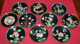 Set Of 10 Antique Chinese Cloisonne Enamel On Bronze Plates.