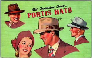 Vintage Portis Hats Advertising Postcard " First Impressions Count… " Linen 1950