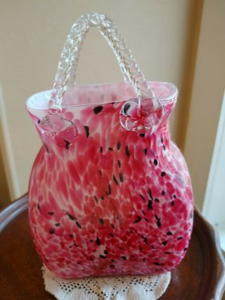 Vintage Pink Speckled Art Glass Handbag Purse Shaped Vase