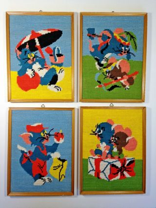 4 Vintage Tom & Jerry Framed Needlepoint Cute Cartoon Pictures Kids Collectible