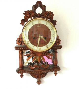 Junghans Vintage Wall Clock With Chime,  Wood,  Carved Flowers,  1960s,  Retro Style