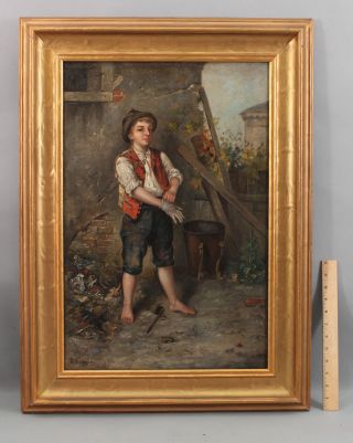 Antique Signed Italian Genre Portrait Oil Painting Young Boy Garbage Picker