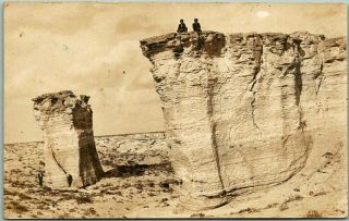 Vintage Kansas Rppc Real Photo Postcard Two Men On Rock Cliff W/ Healy Cancel