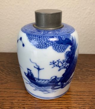 Chinese Blue & White Kangxi Style Pewter Lidded Tea Caddy Jar / Vase Blue Mark