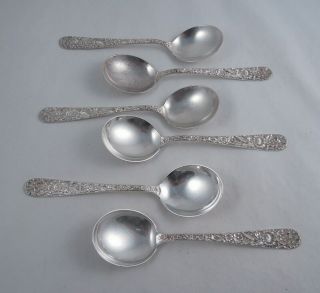 Kirk Set Of 6 Repousse Sterling Silver Cream Soup Spoons Ovular Bowl