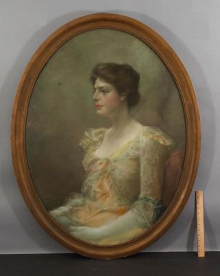 Large C1900 Antique Life - Sized Pastel Portrait Drawing Of Victorian Woman,  Nr
