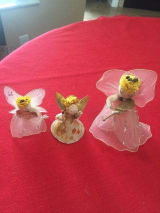 3 - Vintage Spun Cotton Chenille Angels With Violin Christmas