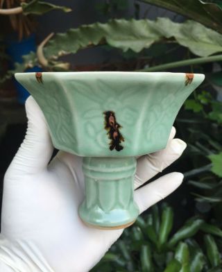 Antique Chinese Yuan Longquan Celadon Small Porcelain Stemp Cup Bowl