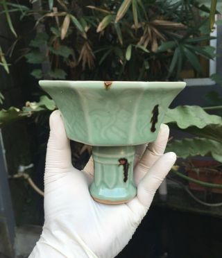 Antique chinese yuan longquan celadon small porcelain stemp cup bowl 2