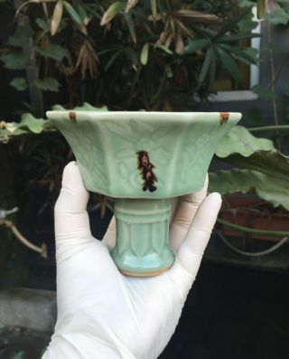Antique chinese yuan longquan celadon small porcelain stemp cup bowl 3
