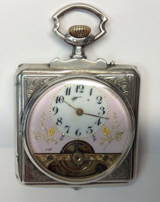 Antique Silver Swiss 8 Day Alarm Travel Clock,  Hebdomas Style Circa 1910