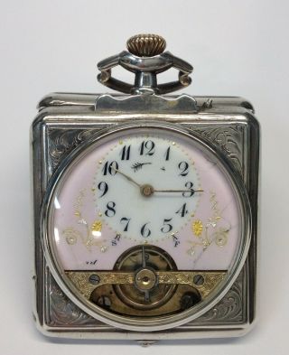 Antique Silver Swiss 8 day alarm travel clock,  Hebdomas style circa 1910 3