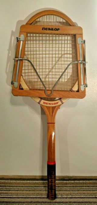 Vintage Wooden Maxply Dunlop Tennis Racket And Wooden Cover Made In England