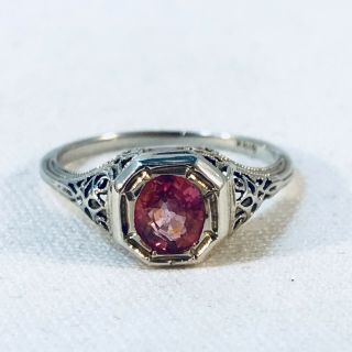 Antique Victorian 18k White Gold Filigree Pink Sapphire Ring Sz 5