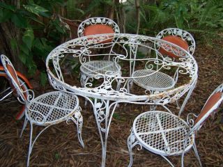 Vintage Woodard Chantilly Rose Glass Top Patio Table & 4 Chairs Small Table