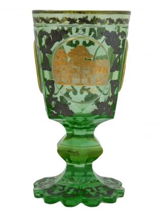 Antique Biedermeier Bohemian Glass Uranium Gilded Glass Goblet Bavarian Scenes