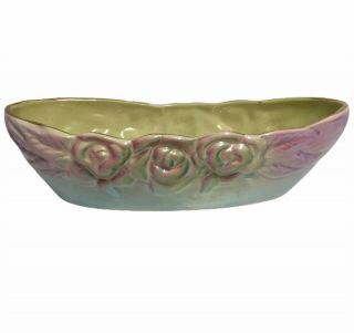 Vintage 1950s Gold Trim Lustre Squat Trough Vase Pottery Australia Pink Green