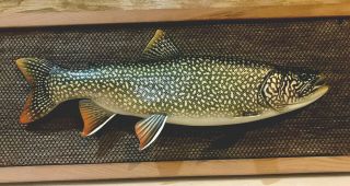 Jacob Sazama Lake Trout Plaque Fish Decoy Wood Carving Fly Fishing Lure